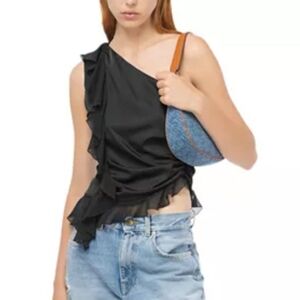 PINKO Fotoione Ruffled One Shoulder Top In Black Size Small